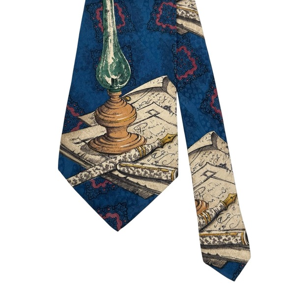 Brioni Men's Vtg Tie Calligraphy Pen Lamp Office Blue & Khaki Silk 3.75